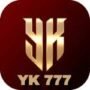 “YK777 game logo with golden text and emblem on a dark red background.”