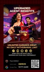 Promotional poster showing two smiling people holding a smartphone displaying “1000x,” with text advertising upgraded agent benefits, unlimited earnings, and no daily withdrawal limit for a gaming or referral platform.